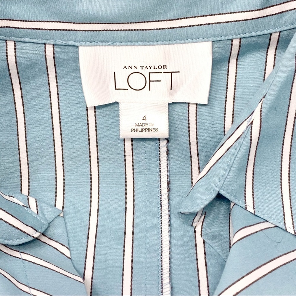Ann Taylor Loft Classic Sky Blue White Pinstripe Long Sleeve Button Shirt Size 4 - Picture 7 of 13